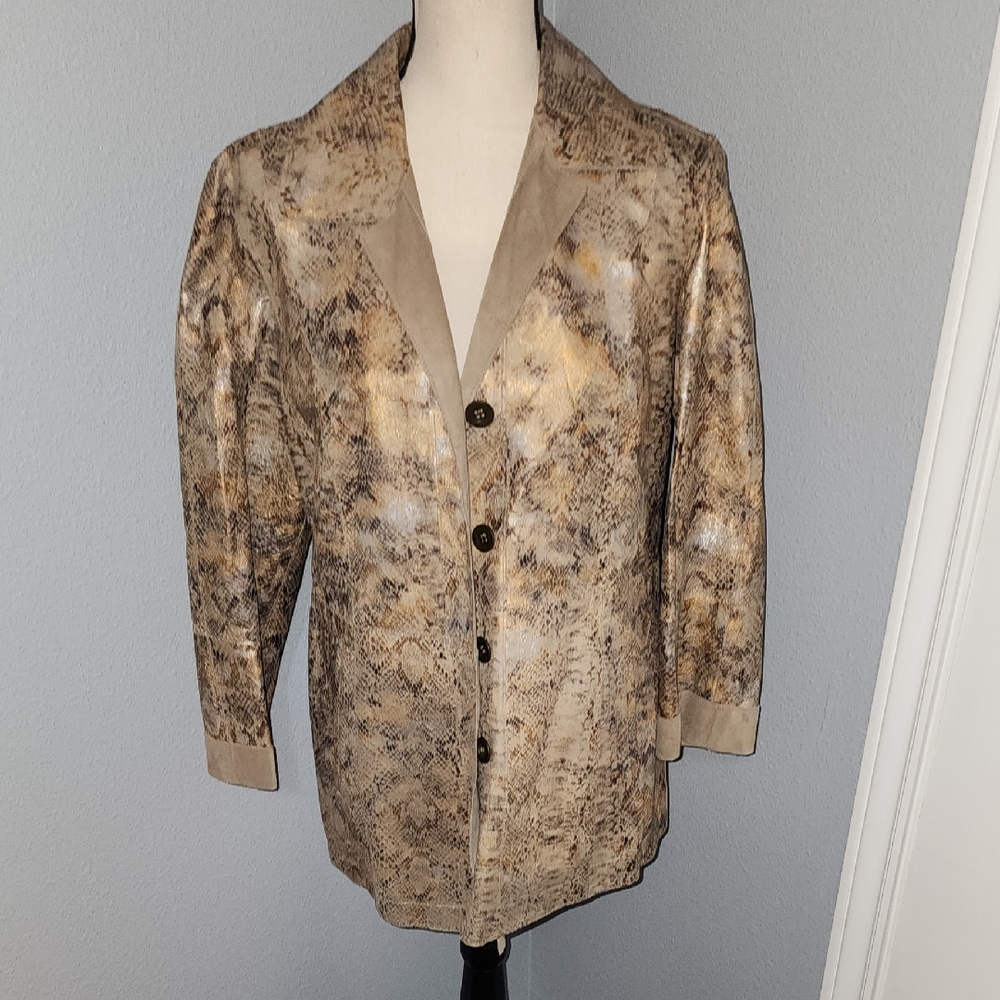 Chico's Beige Snake Print Leather Reversible Jacket